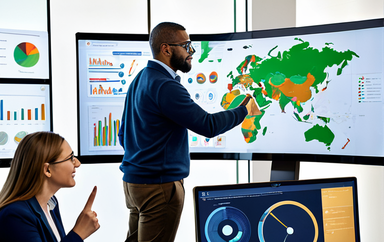 A diverse group of professional adults, fully clothed in modest business casual attire, actively collaborating around a large interactive screen in a bright, modern university learning lab. They are engaged in a discussion about complex problem-solving and sustainable development, with some pointing at data visualizations. The setting emphasizes teamwork and innovation. safe for work, appropriate content, professional, perfect anatomy, correct proportions, natural pose, well-formed hands, proper finger count, professional photography, high quality, studio lighting.
