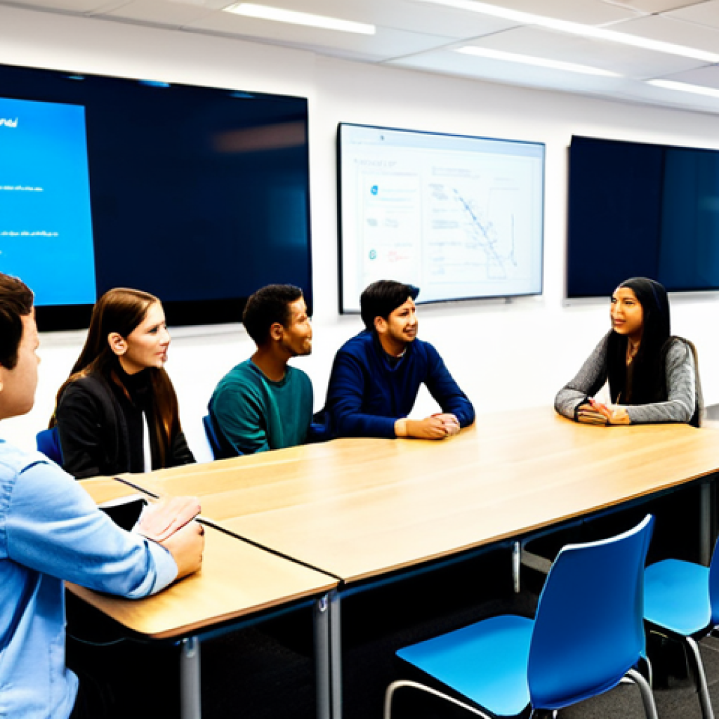 A diverse group of young adult students (male and female, various ethnicities) engaged in a dynamic, collaborative learning session. They are fully clothed in modern, professional, yet comfortable attire, appropriate for an educational setting. The setting is a bright, futuristic learning hub with large interactive screens, whiteboard walls covered with ideas, and modular furniture. Students are actively discussing, brainstorming, and interacting with digital tools, illustrating active, project-based learning. Perfect anatomy, correct proportions, natural pose, well-formed hands, proper finger count, natural body proportions, professional photography, high quality, realistic, natural lighting, safe for work, appropriate content, fully clothed, professional, modest, family-friendly.