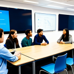 A diverse group of young adult students (male and female, various ethnicities) engaged in a dynamic, collaborative learning session. They are fully clothed in modern, professional, yet comfortable attire, appropriate for an educational setting. The setting is a bright, futuristic learning hub with large interactive screens, whiteboard walls covered with ideas, and modular furniture. Students are actively discussing, brainstorming, and interacting with digital tools, illustrating active, project-based learning. Perfect anatomy, correct proportions, natural pose, well-formed hands, proper finger count, natural body proportions, professional photography, high quality, realistic, natural lighting, safe for work, appropriate content, fully clothed, professional, modest, family-friendly.