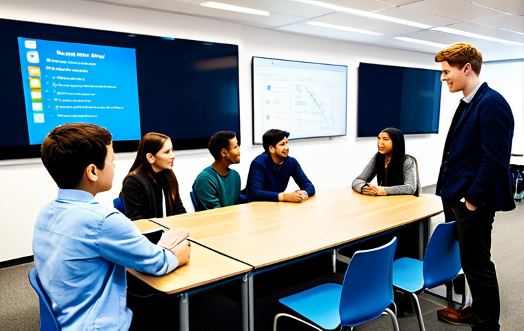 A diverse group of young adult students (male and female, various ethnicities) engaged in a dynamic, collaborative learning session. They are fully clothed in modern, professional, yet comfortable attire, appropriate for an educational setting. The setting is a bright, futuristic learning hub with large interactive screens, whiteboard walls covered with ideas, and modular furniture. Students are actively discussing, brainstorming, and interacting with digital tools, illustrating active, project-based learning. Perfect anatomy, correct proportions, natural pose, well-formed hands, proper finger count, natural body proportions, professional photography, high quality, realistic, natural lighting, safe for work, appropriate content, fully clothed, professional, modest, family-friendly.