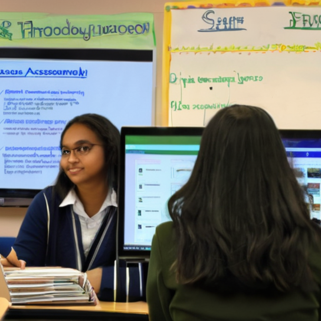 스킬 기반 교육 모델의 교육적 영향력 평가 - **Digital Portfolio and Reflective Learning:**
A vibrant, modern classroom filled with diverse y...
