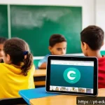Home 23 스킬 기반 교육 모델에서의 혁신적인 기술 활용 - A modern classroom scene in a Brazilian school setting featuring diverse students using tablets and ...