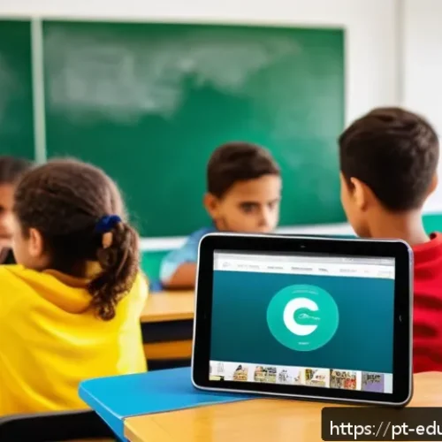 Home 17 스킬 기반 교육 모델에서의 혁신적인 기술 활용 - A modern classroom scene in a Brazilian school setting featuring diverse students using tablets and ...