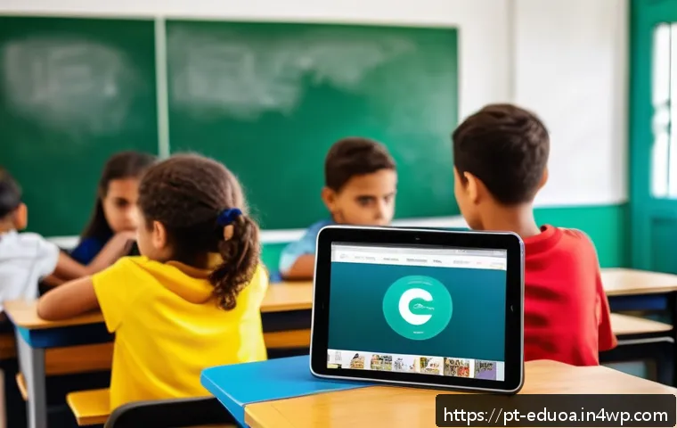 스킬 기반 교육 모델에서의 혁신적인 기술 활용 - A modern classroom scene in a Brazilian school setting featuring diverse students using tablets and ...